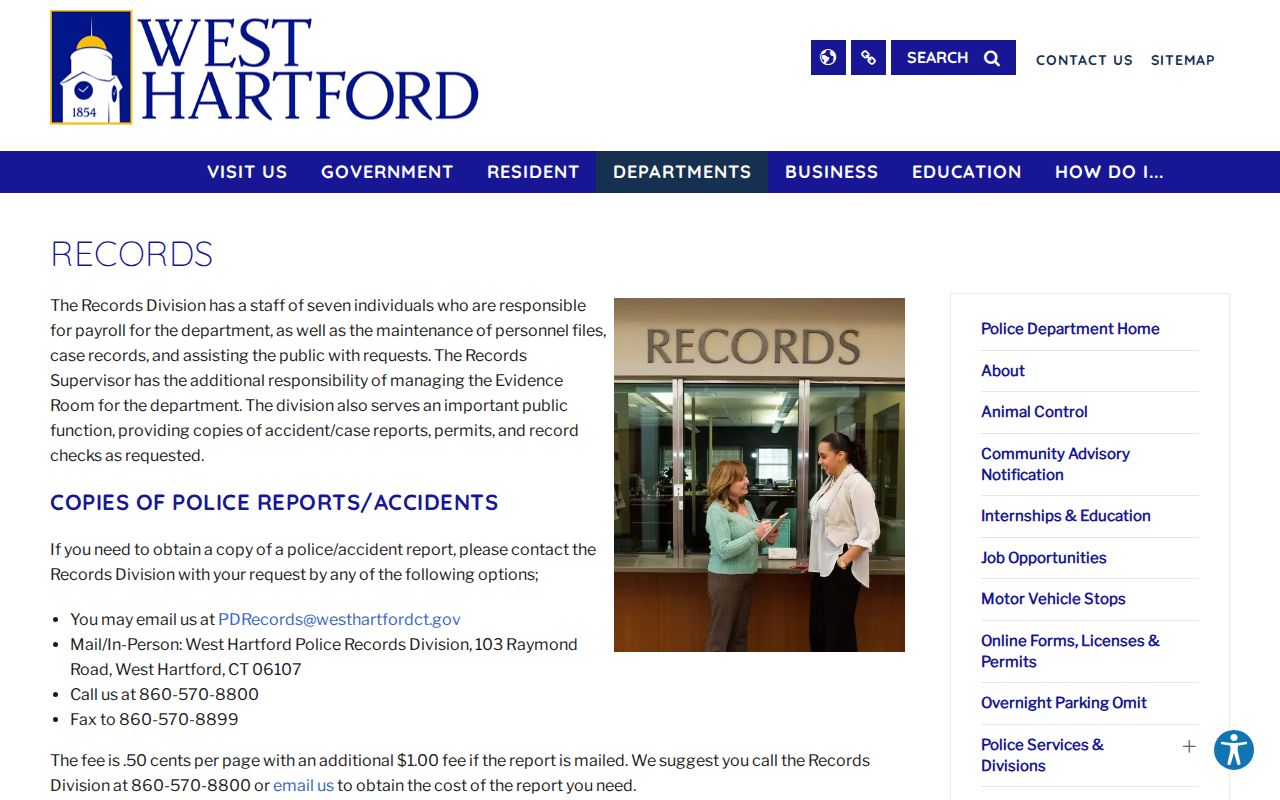 Hartford County arrest search West Hartford Police records request information