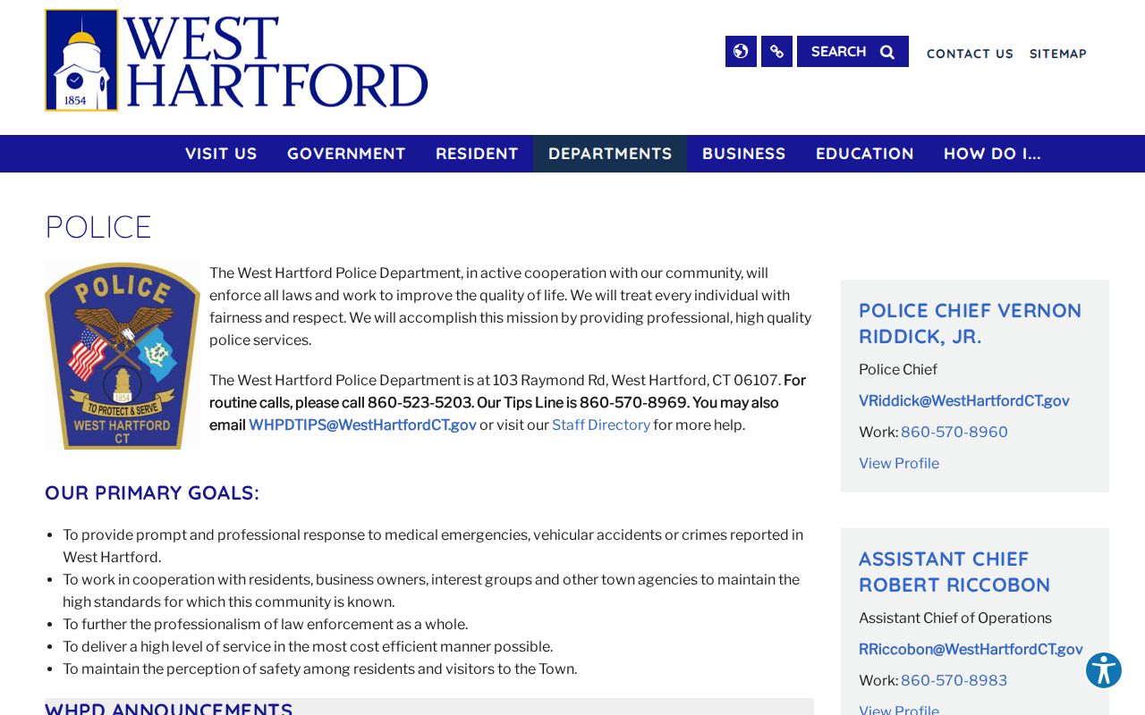Hartford County arrest search West Hartford Police Department homepage