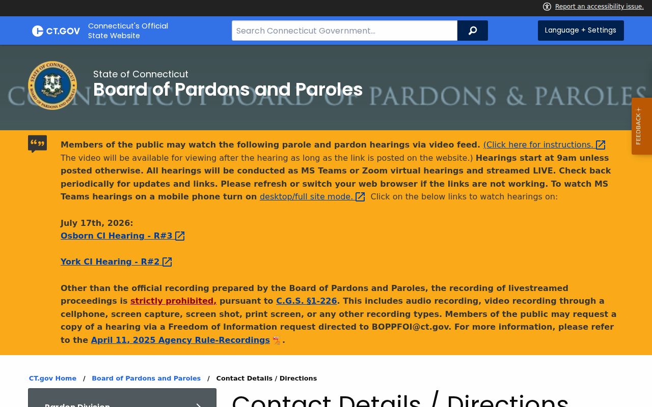 Hartford County court case lookup Board of Pardons and Paroles contact page