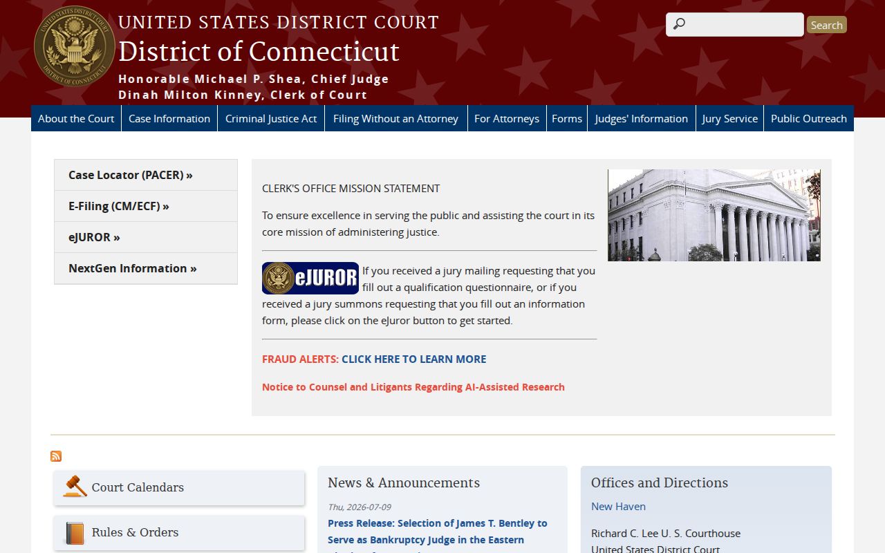 Hartford County court case lookup federal District of Connecticut website