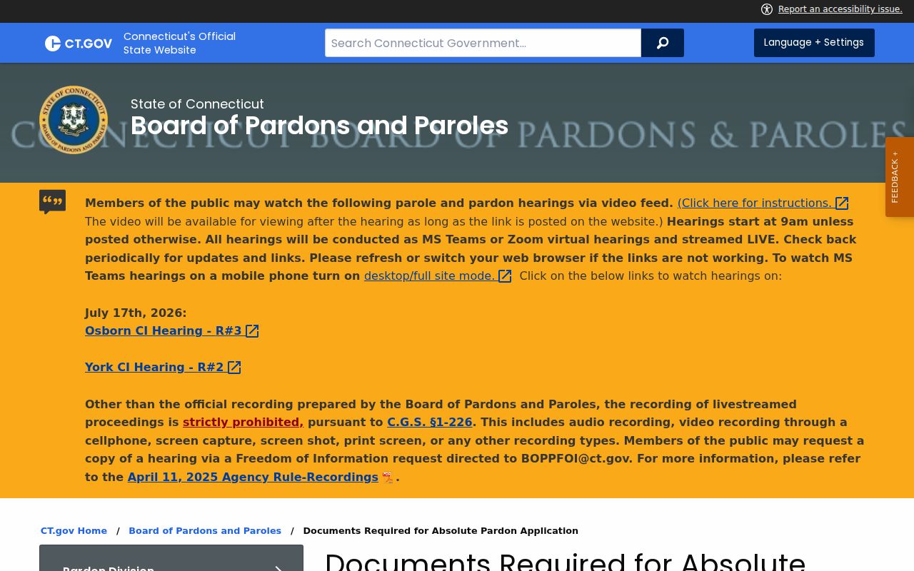 Hartford County court case lookup absolute pardon checklist