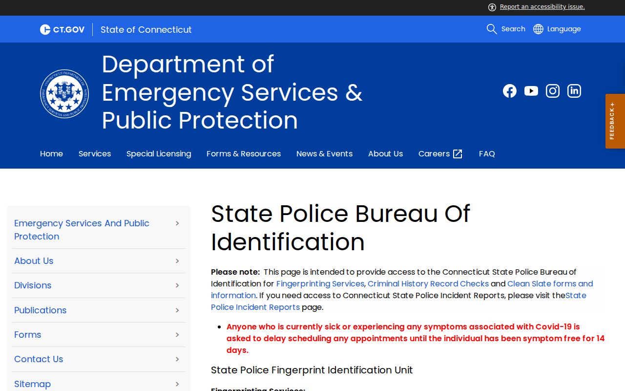 Hartford County criminal history SPBI fee and fingerprint instructions