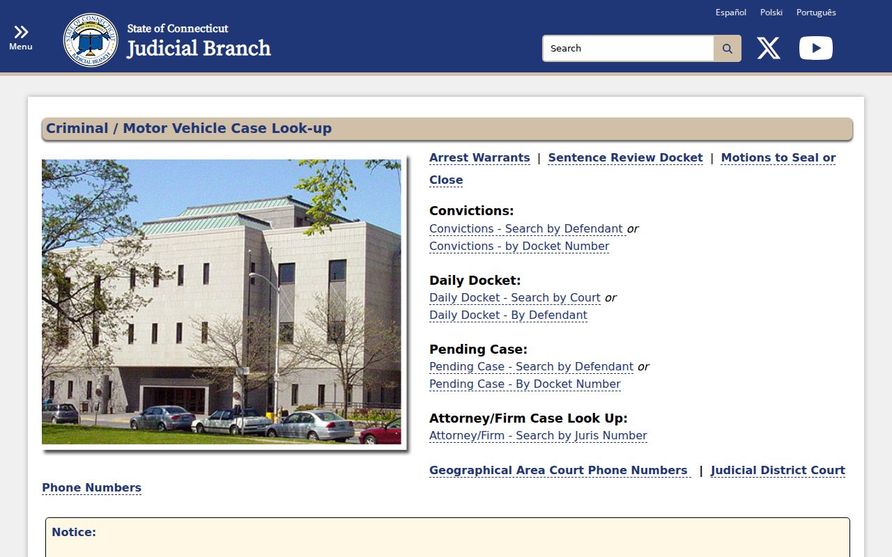 Hartford County criminal history Judicial Branch lookup choices