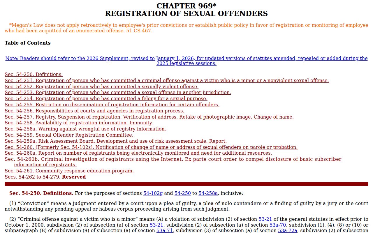 Hartford County sex offender lookup Connecticut registration statutes